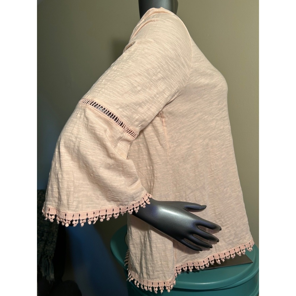 Style & Co Peach Pink Cotton 3/4 Bell Sleeve Top Pom‎ Pom Trim Petite Large